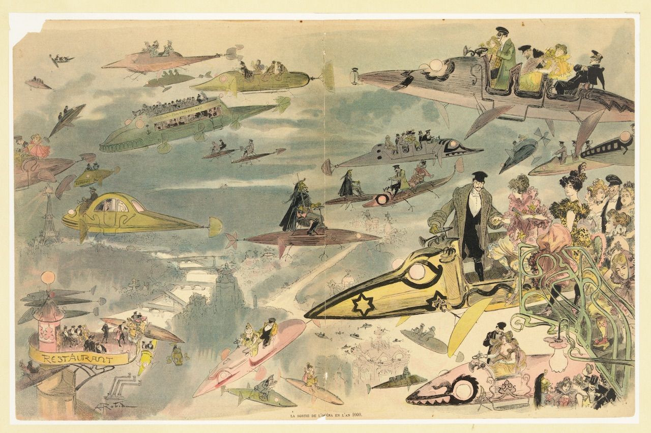 A vintage lithograph depicting a fantastical scene of aerial transportation in the year 2000, with a multitude of imaginative flying machines and elegantly dressed people.