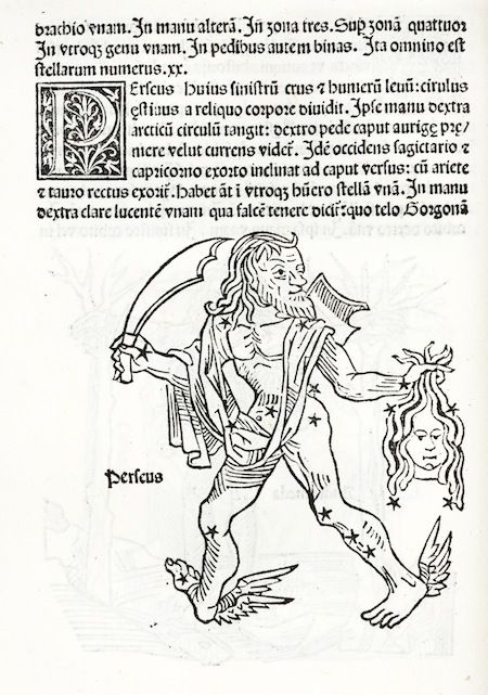 A black and white woodcut illustration of a muscular, bearded man with wings, holding a scythe and a glowing orb, labeled 'Perseus'.