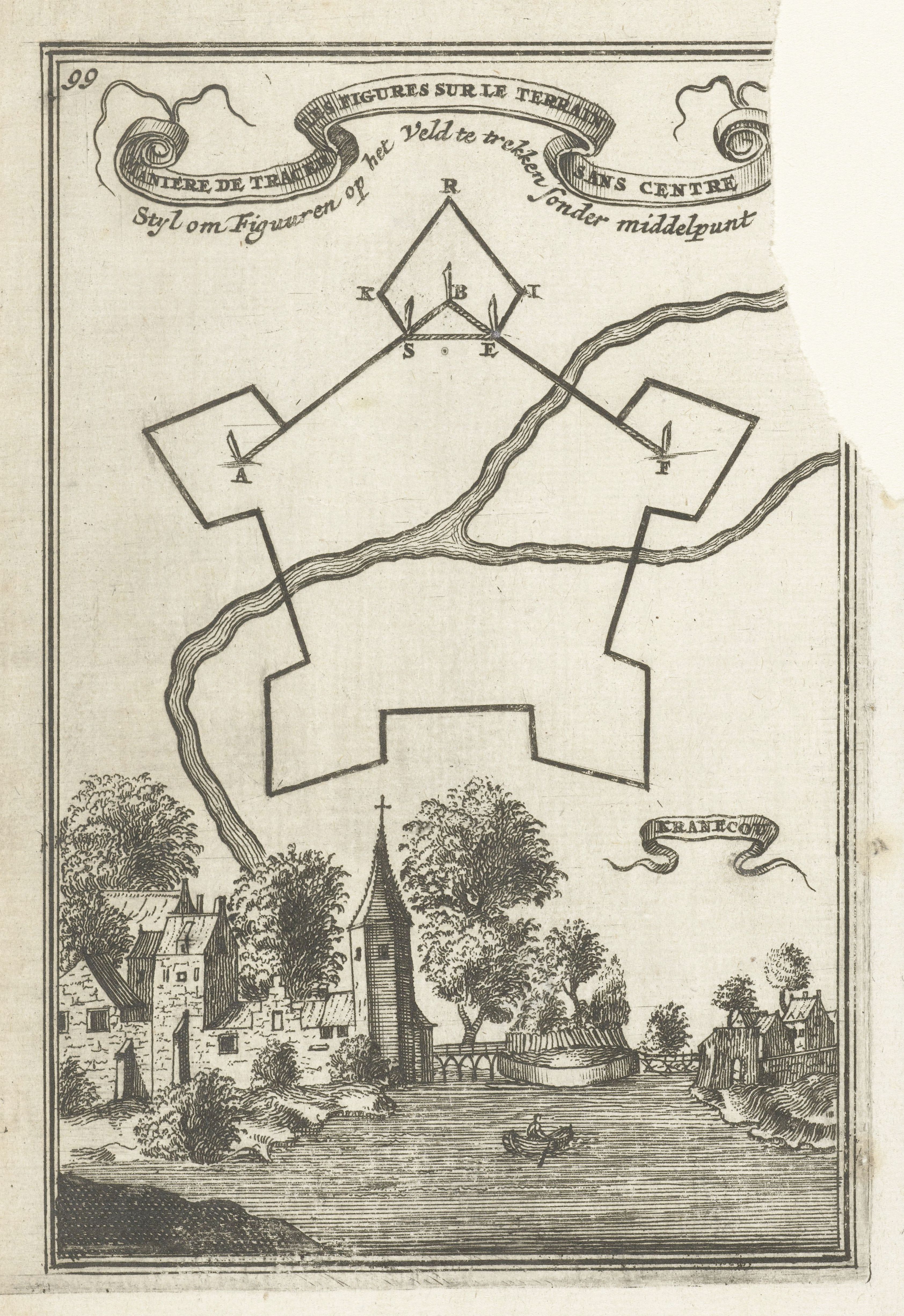 Vintage black and white illustration of a star-shaped fortification and a castle landscape.