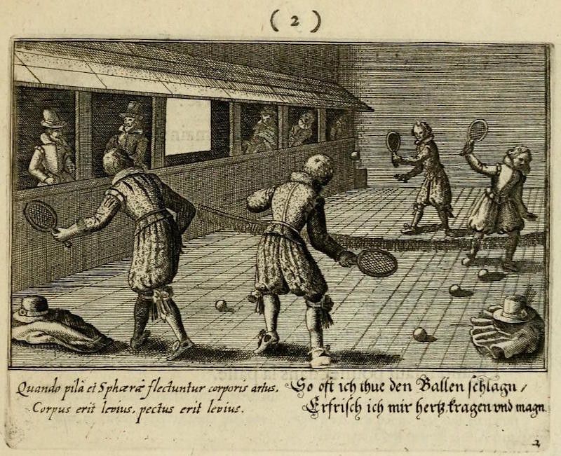 A black and white engraving depicting a scene of people playing a game resembling tennis or racquetball.
