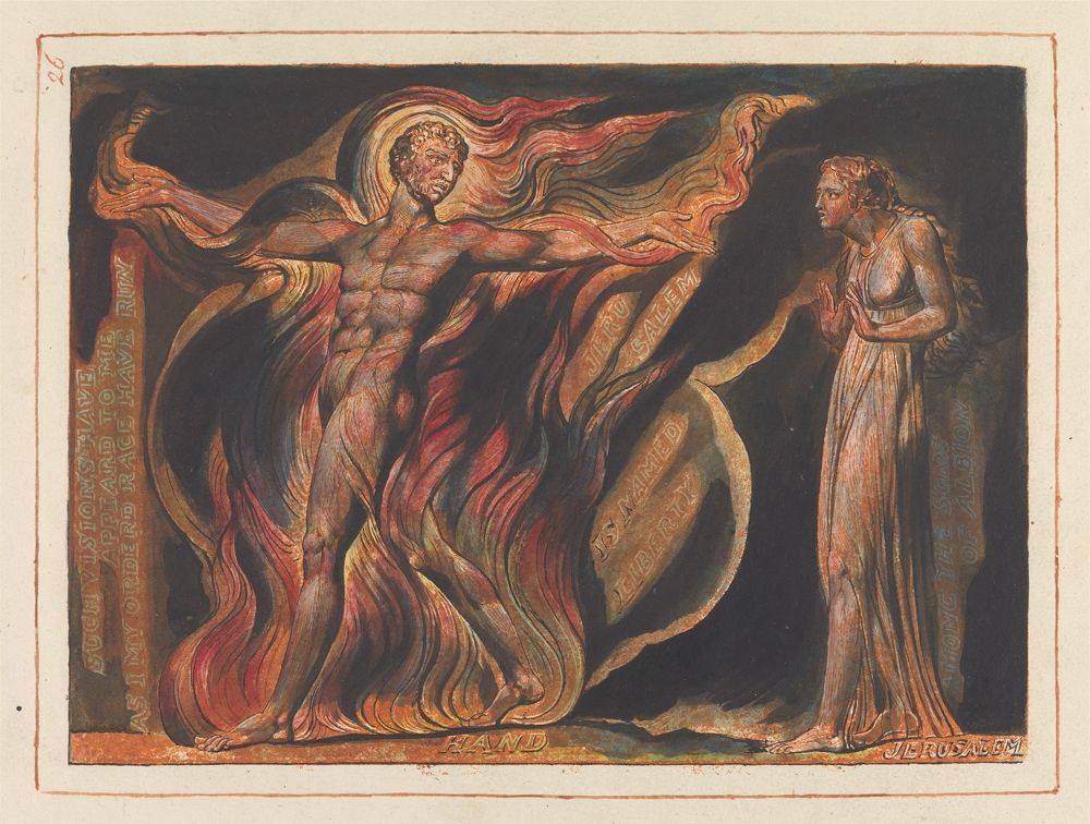 A watercolor and ink painting by William Blake titled 'The Hand of Night'. A muscular, nude male figure is engulfed in swirling, fiery red and orange flames on the left. A slender, draped female figure stands to the right, facing away from the flames. The words 'HAND' and 'JERUSALEM' are written beneath the figures.
