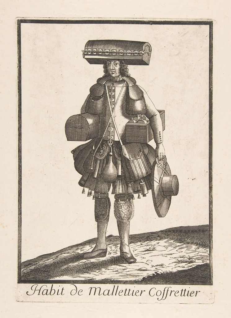 A black and white engraving of a man in 17th or 18th-century attire, carrying boxes and a hat.