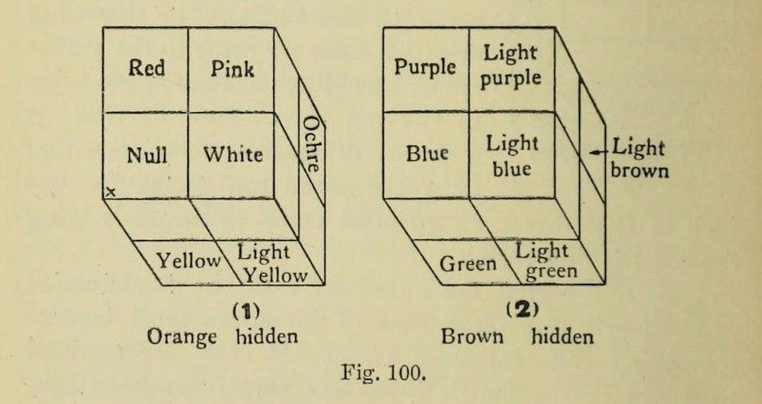 Two isometric cubes labeled (1) and (2) with different colors on each face. Cube (1) has Red, Pink, White, Null, Yellow, and Light Yellow. Cube (2) has Purple, Light purple, Light brown, Blue, Green, and Light green. Text below each cube indicates hidden colors: 'Orange hidden' and 'Brown hidden'. The image is labeled 'Fig. 100'.