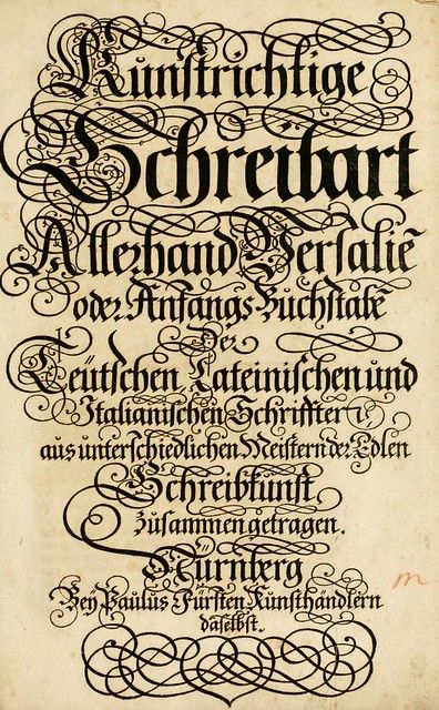 A scan of a title page from an old book, likely a manual on calligraphy or handwriting. The page has a warm, aged tone, with a slightly yellowed appearance. The entire page is filled with ornate, blackletter typography and decorative flourishes.