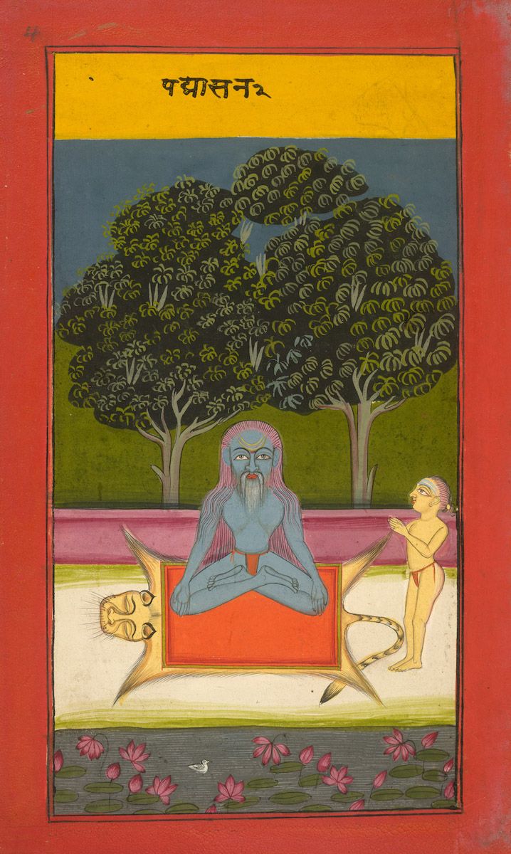 A painting of a blue-skinned man meditating on a cushion, with a smaller man standing in reverence, set against a backdrop of trees and a lotus-filled pond.