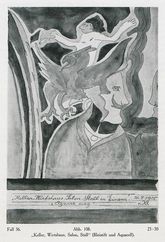 A black and white drawing of a person seated in a chair within a room, with swirling abstract shapes and patterns in the background.