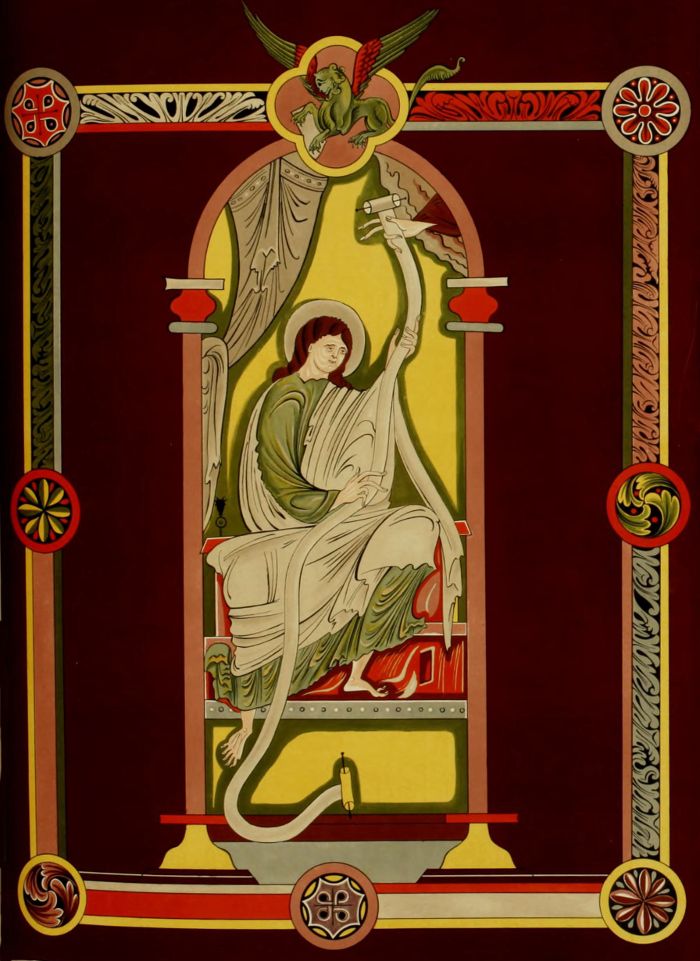 A richly decorated medieval illustration depicting a seated figure on a throne, with an angel above and an ornate border surrounding the composition.