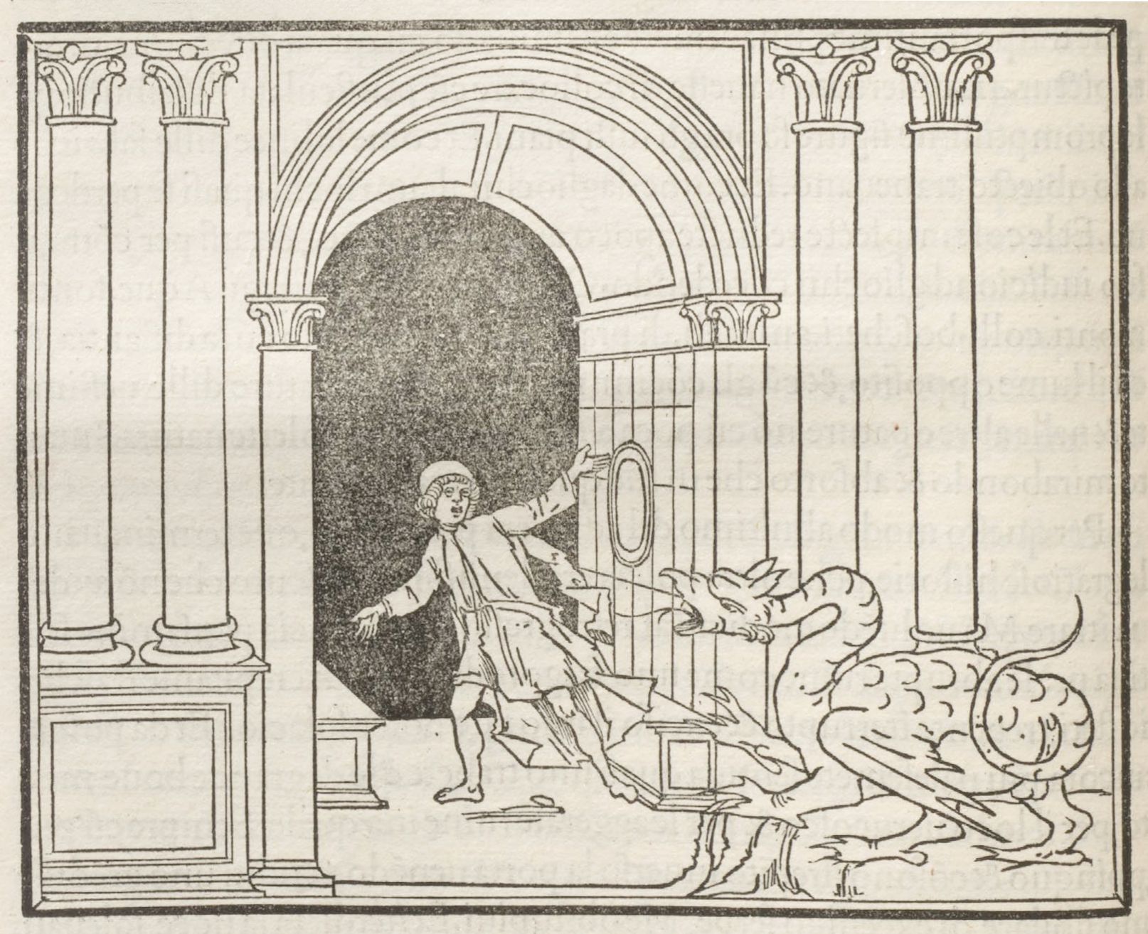 A black and white illustration of a boy facing a multi-headed dragon emerging from a mirror in a classical architectural setting.