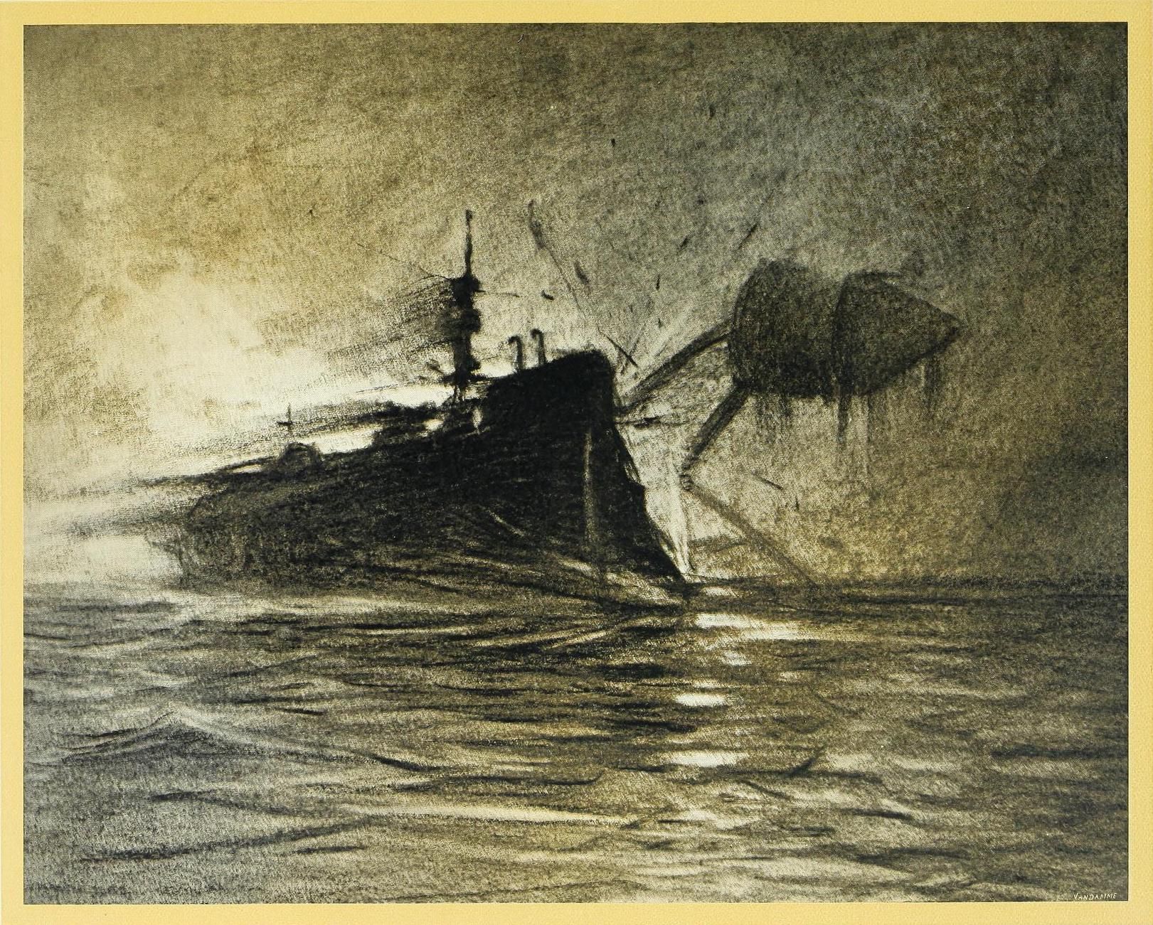 A dramatic, monochromatic image depicting a naval battle scene with a ship under attack from a zeppelin.