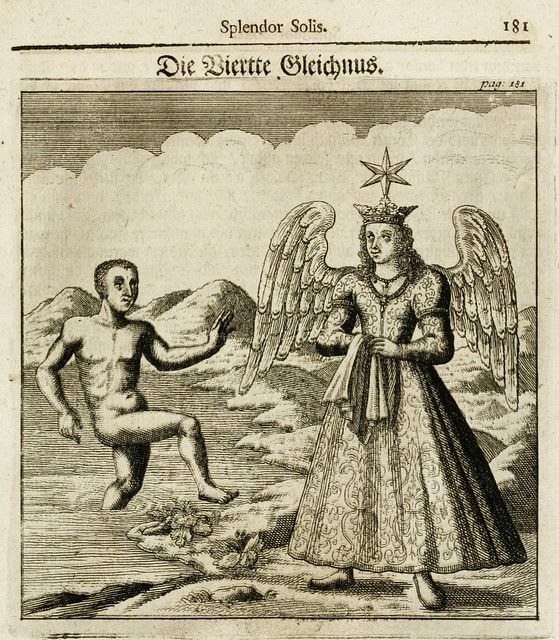 Vintage woodcut illustration of a nude man reaching towards a winged, crowned angel, set against a cloudy sky and rocky ground.