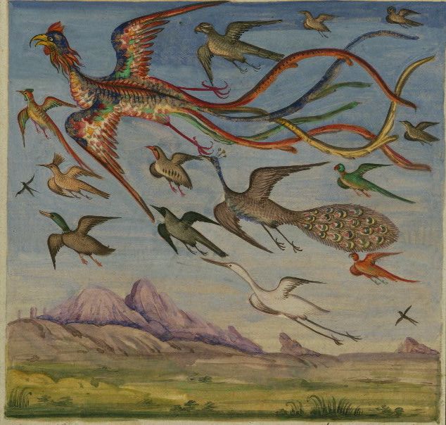A colorful painting of a phoenix surrounded by a flock of birds, set against a mountainous landscape.