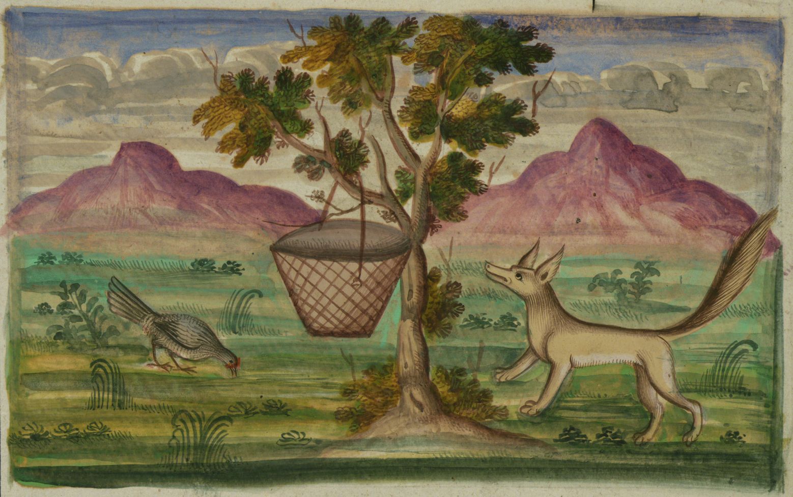 A colorful folk art painting of a tree with a basket hanging from its branches, a bird pecking at the ground, and a fox reaching for the basket, set against a backdrop of purple mountains and green grass.