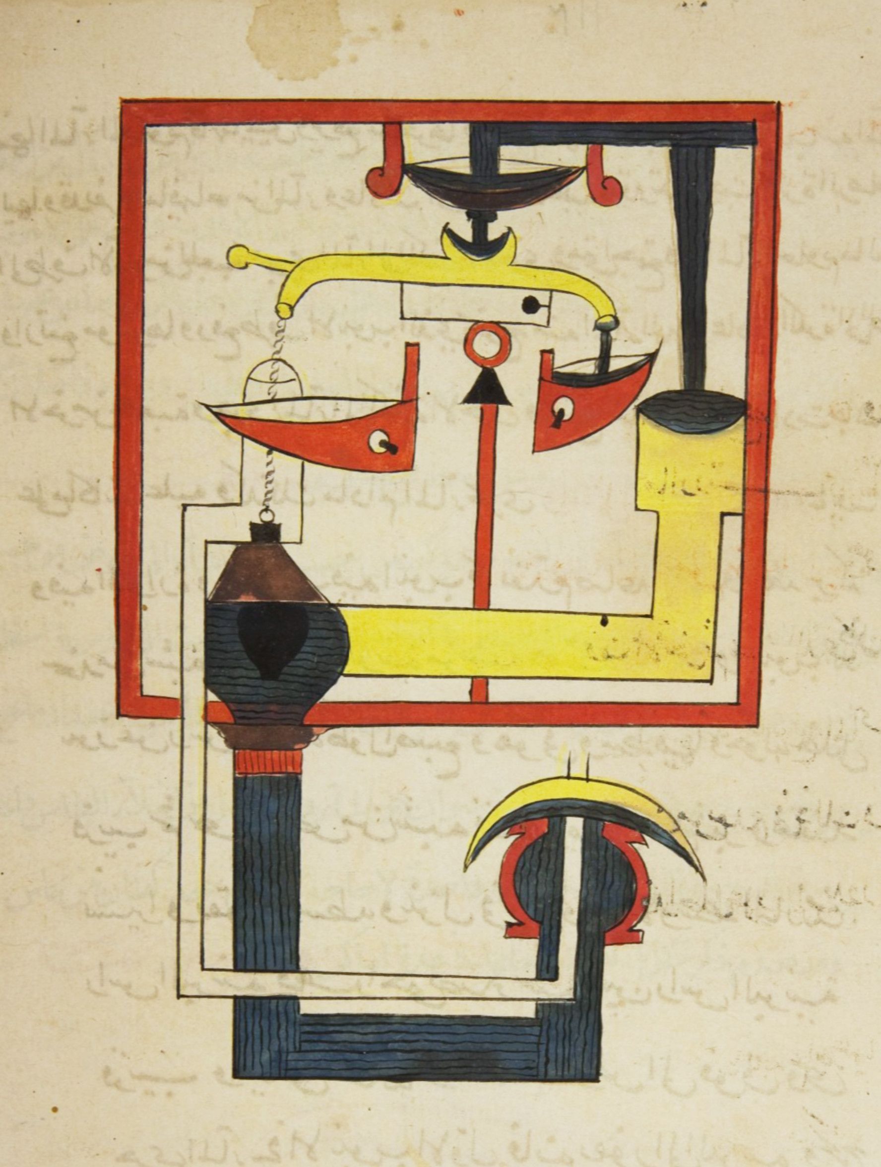 A detailed medieval illustration of a scale with a bulbous weight, surrounded by alchemical symbols and interconnected tubes.
