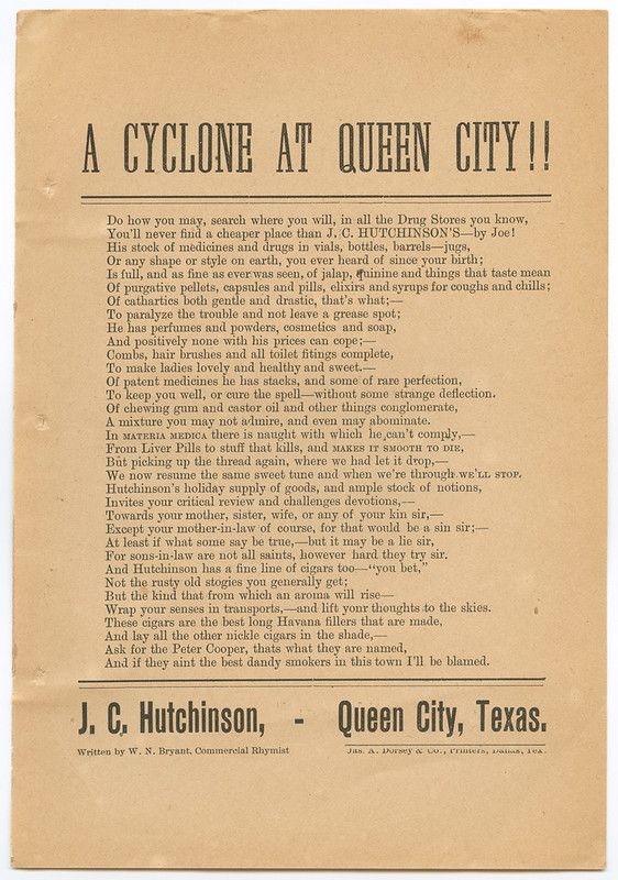 A vintage handbill or advertisement titled “A Cyclone at Queen City!!”. It's a poem-like advertisement for J.C. Hutchinson's drug store in Queen City, Texas.