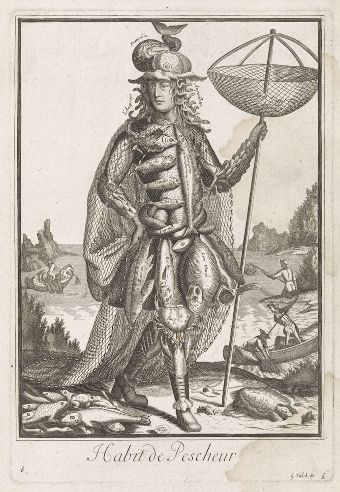 A black and white engraving of a man in an elaborate fisherman's outfit, covered in a net with fish, standing in a landscape with water and boats.