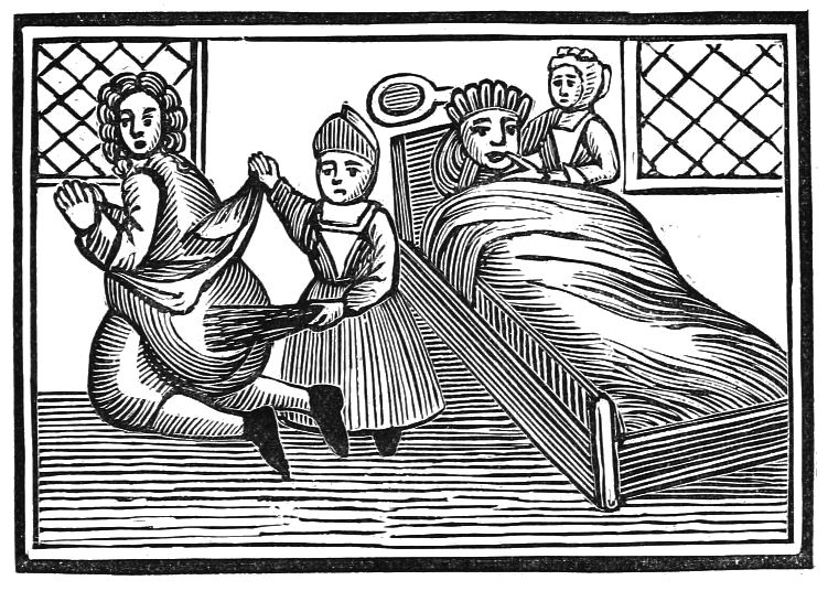 A black and white woodcut illustration of a sickroom scene with a woman tending to a person in bed, a child observing, and another woman looking through a window.