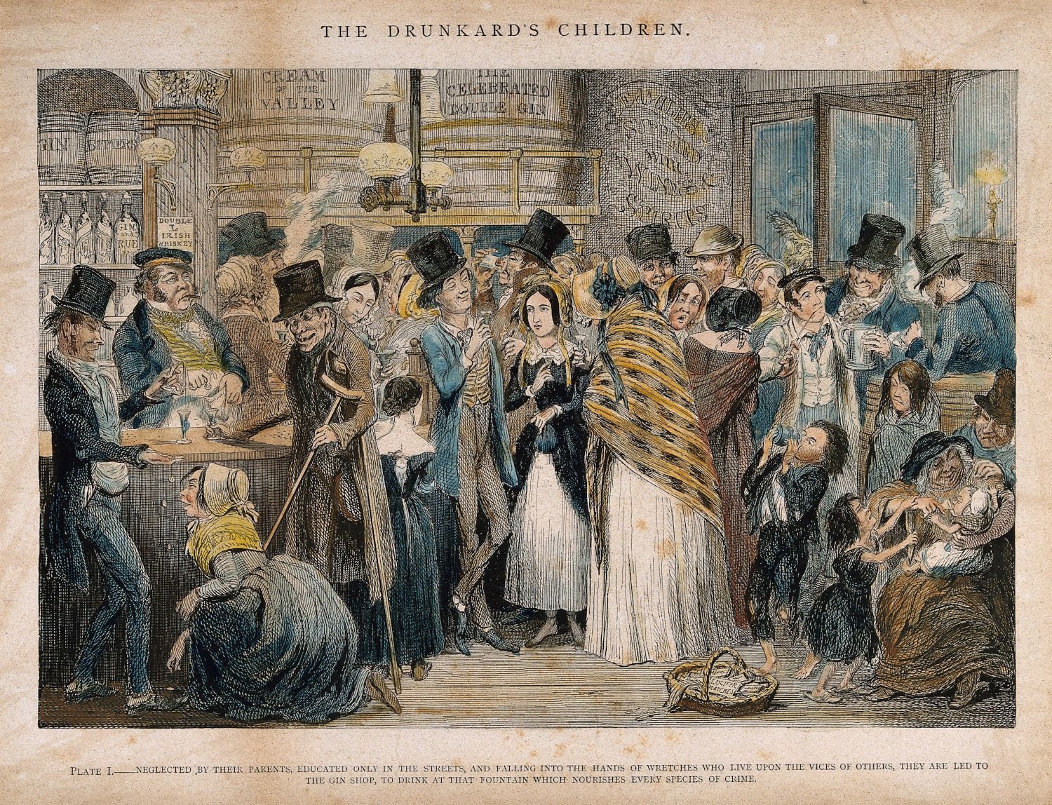 A detailed black and white engraving titled "The Drunkard's Children" depicting a chaotic scene inside and outside a gin shop in a crowded urban setting.