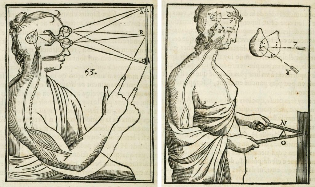 Vintage woodcut illustration of a person with geometric constructions and tools, possibly related to optics or anatomy.