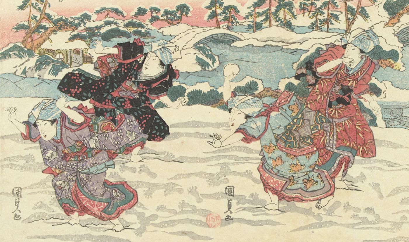 A Japanese woodblock print depicting two figures engaged in a snowball fight in a snowy landscape.