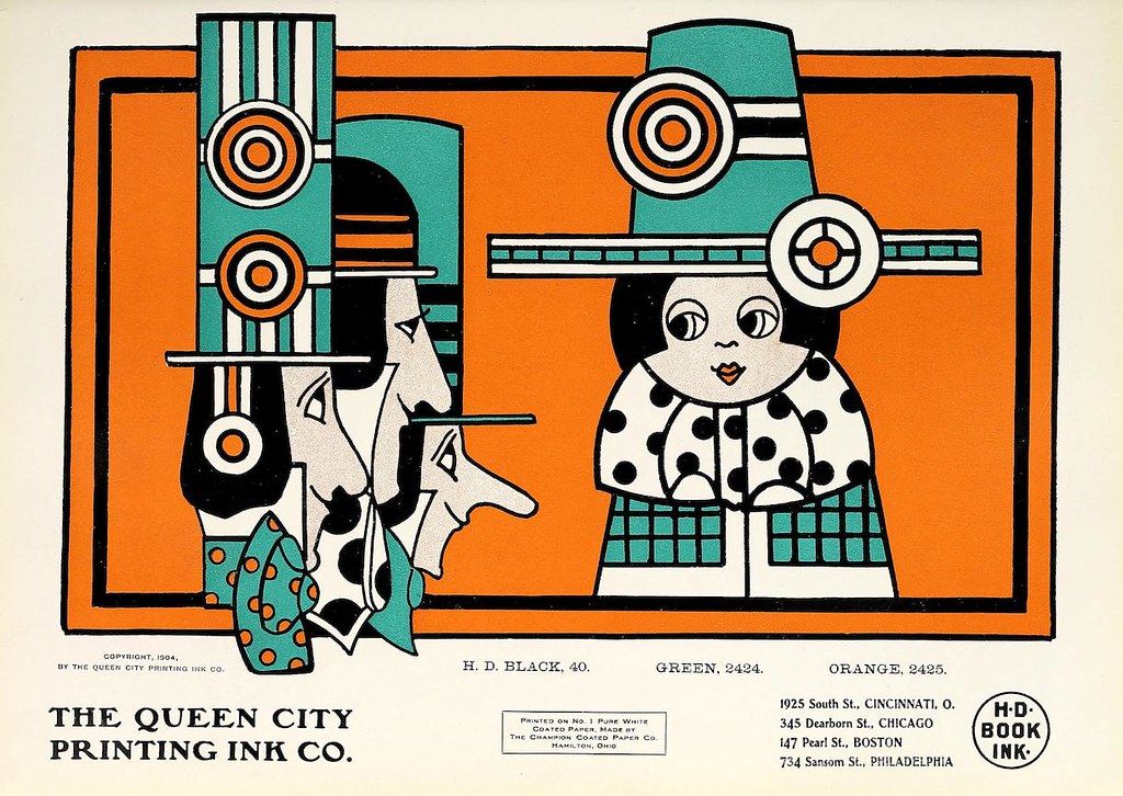 Vintage advertisement for The Queen City Printing Ink Co. featuring a geometric illustration in black, orange, and teal.