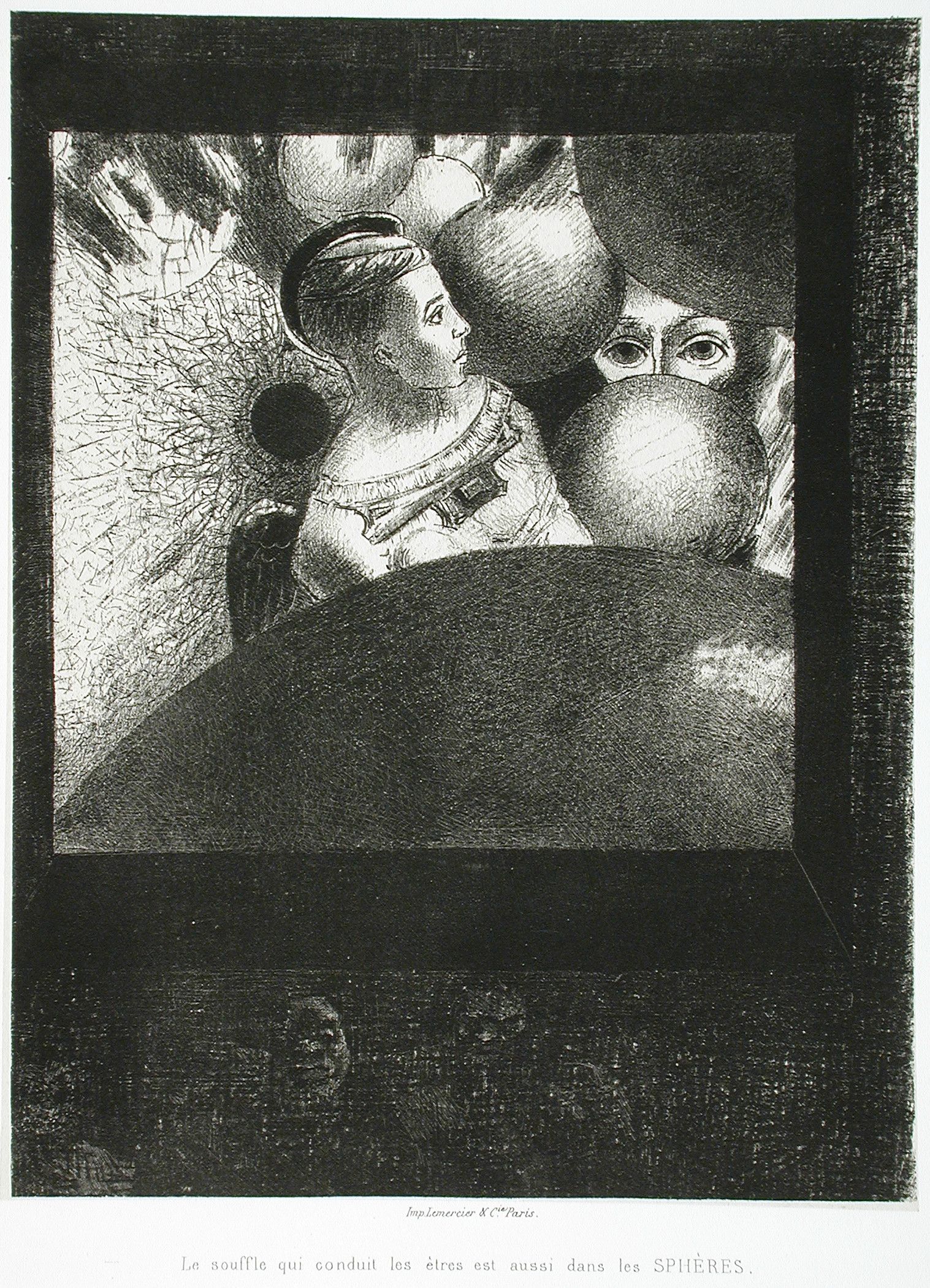 A black and white engraving depicting a woman enclosed within a network of spheres, with a large crack breaking apart the structure. The background is almost entirely black, creating a stark contrast with the woman and the spheres.