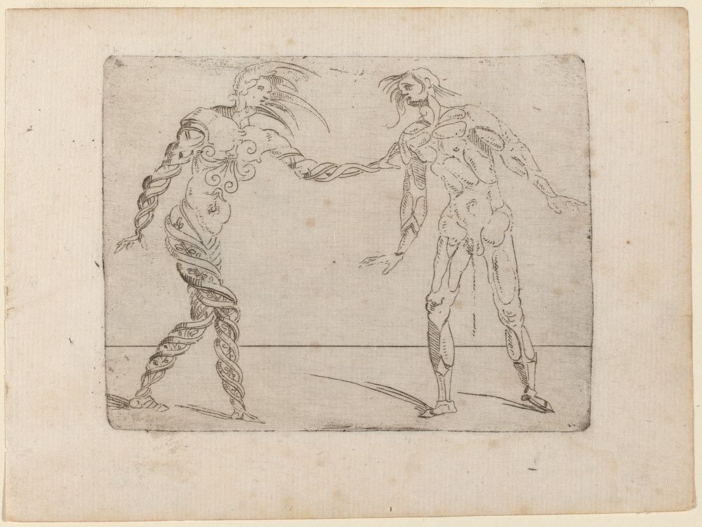 A black and white drawing depicting two figures engaged in a dynamic interaction. The figure on the left is heavily adorned with plant-like elements, while the figure on the right is reaching out towards them.