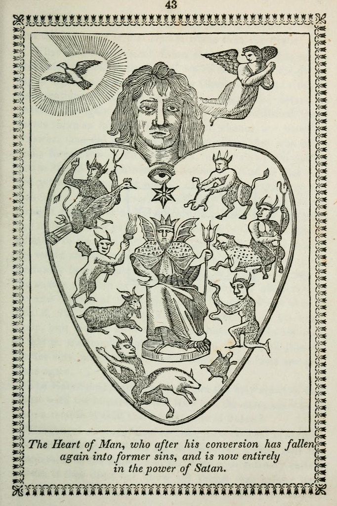 A vintage illustration depicting a heart-shaped frame containing a portrait of a man surrounded by demonic figures, with angelic figures and a star above, and a caption below describing the fall of man into sin.