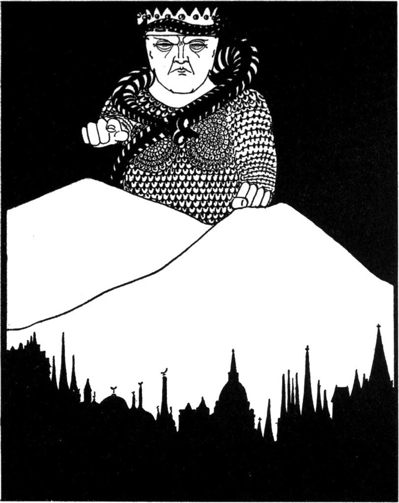 Black and white illustration of a king overlooking a city.