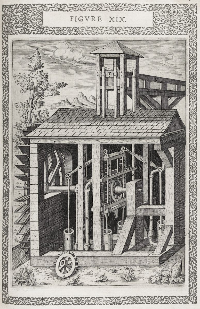 A detailed black and white engraving of a complex water-powered machine housed within a large wooden structure.