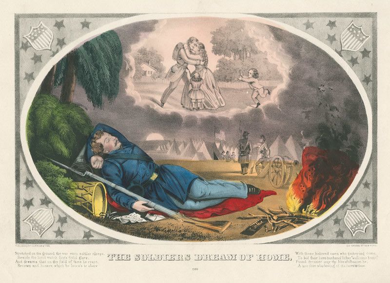 A lithograph titled "The Soldier's Dream of Home" depicting a Civil War soldier dreaming of his family.