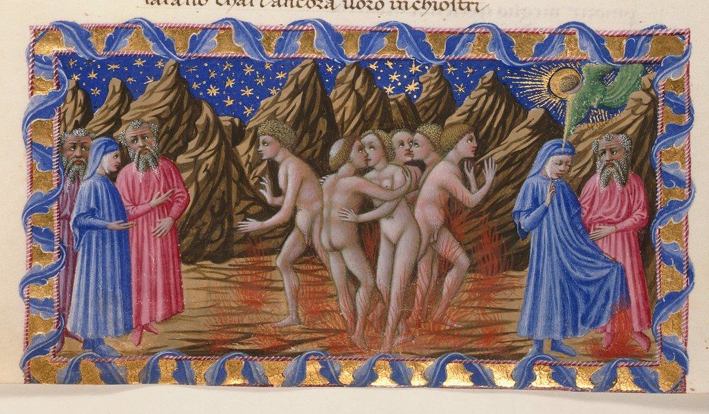 Medieval manuscript illumination depicting a scene of torment in hell, with nude figures writhing in flames and two bearded men observing the scene.