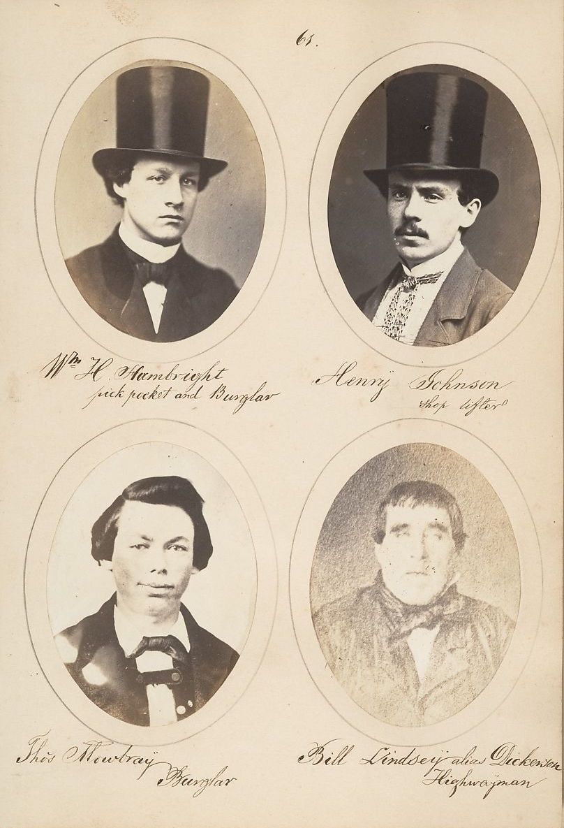 Four oval-shaped portraits of men labeled as criminals, arranged in a grid. Each man is wearing a dark suit and hat, and the labels identify their names and crimes.