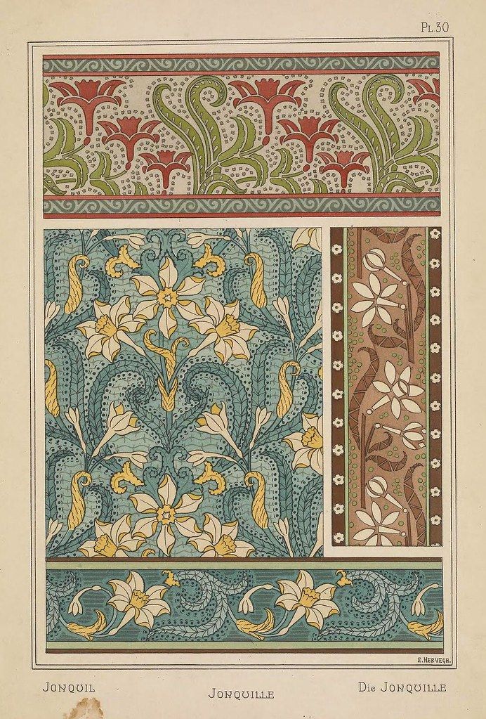 A plate from a design book showcasing three different floral patterns labeled 'Jonquil' in English, French, and German. The patterns are rendered in a style reminiscent of Art Nouveau or Victorian wallpaper designs.