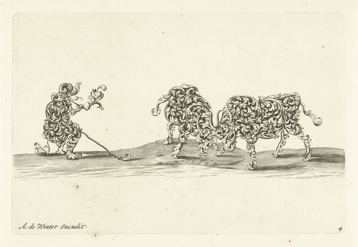 A black and white engraving of a person leading two ornate, swirling animals pulling a cart on a grassy hill.