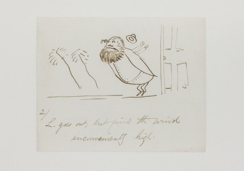 A sepia-toned sketch of a bird-like figure struggling to reach something high, with a hand reaching out and buildings in the background. Below the sketch is handwritten text: "21. L. goes out but finds the world inconveniently high."