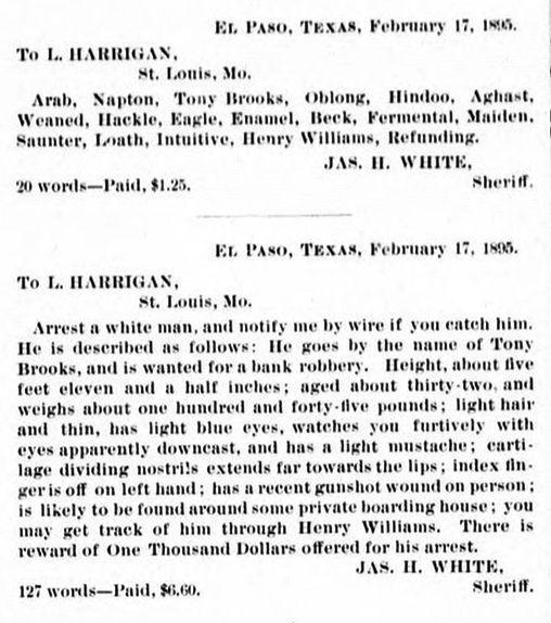 A scanned historical document detailing a wanted poster for Tony Brooks, a bank robber, addressed to L. Harrigan in St. Louis, Mo.