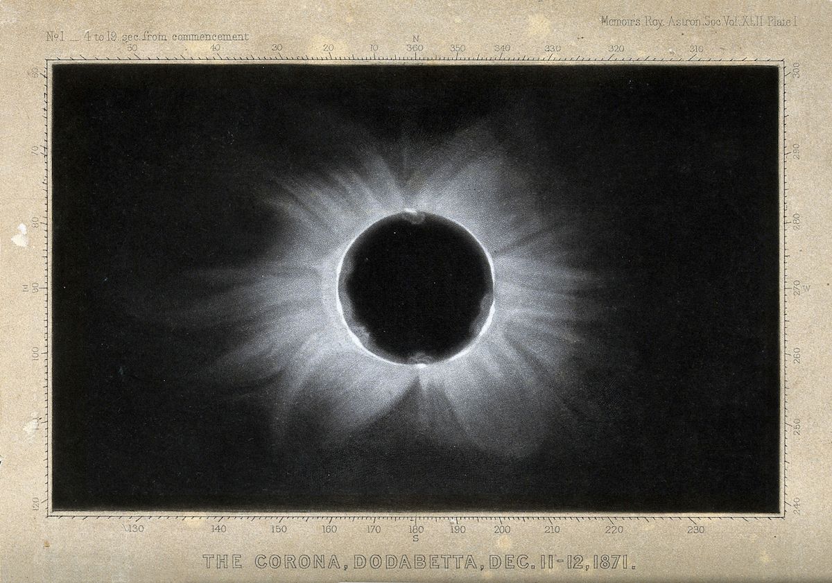 A vintage black and white photograph of a total solar eclipse, showing the sun's corona as observed from Dodabetta, India on December 11-12, 1871.