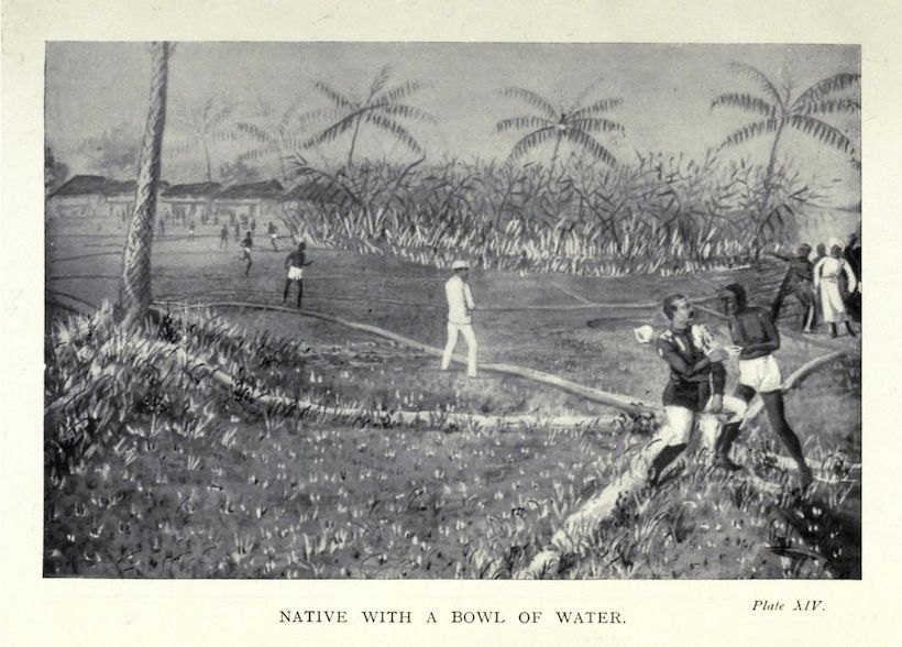 A black and white illustration depicting a person running with a bowl of water in a tropical landscape, with other people and buildings in the background.