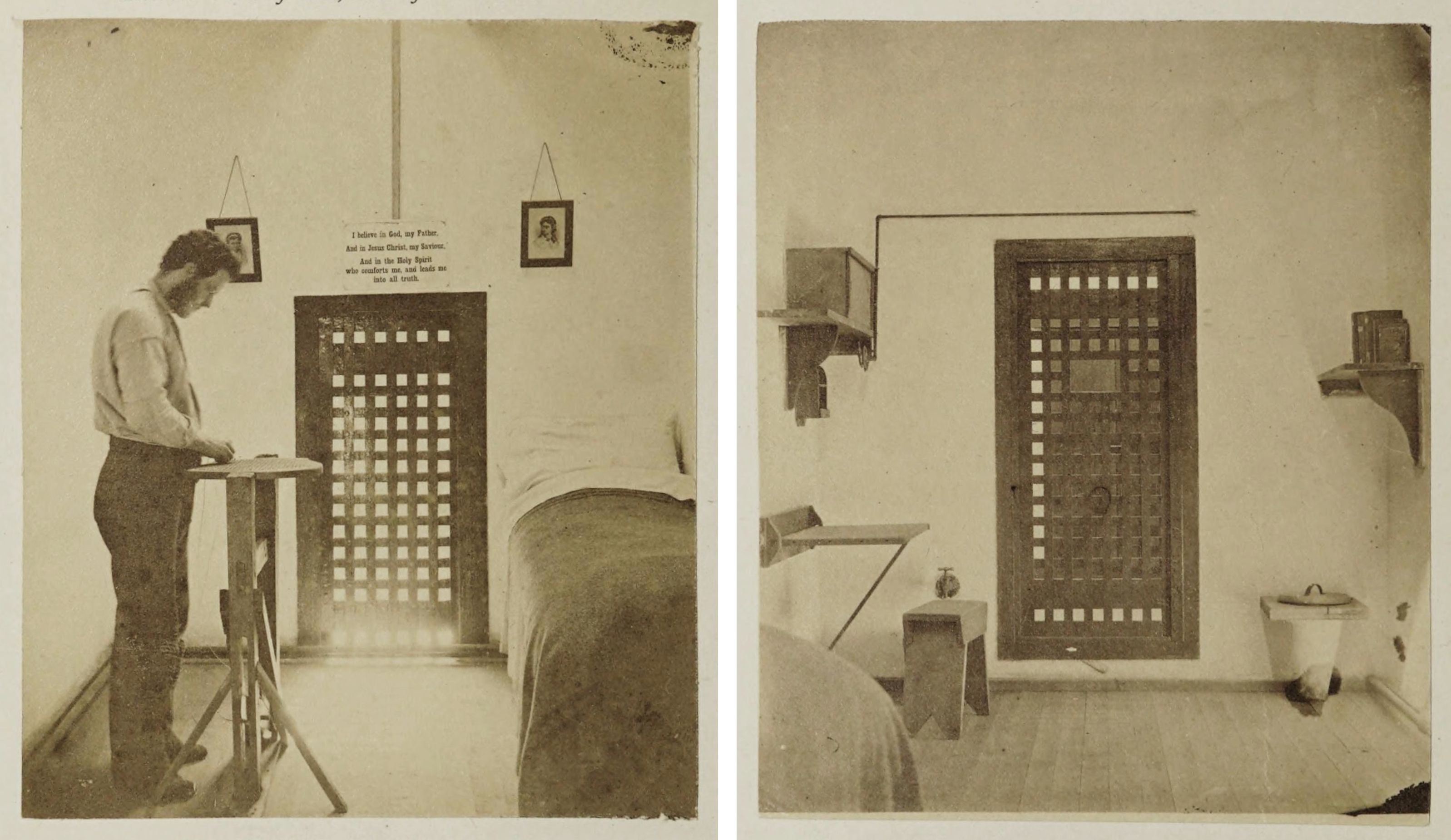 Two black and white photographs of a minimalist room. The left photograph shows a person working at a table, while the right photograph shows the room with a door, toilet, and shelves.
