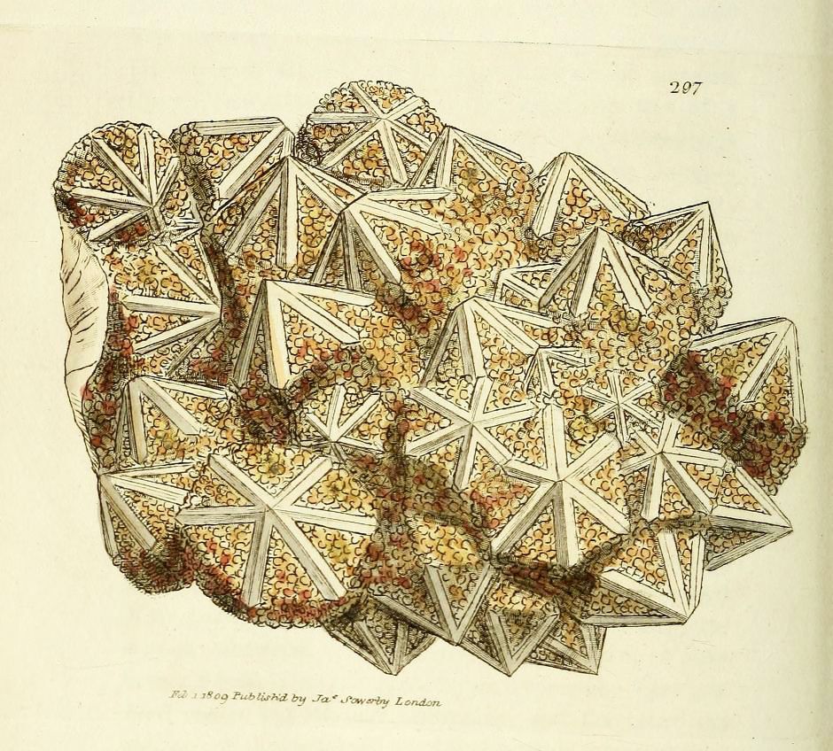 Vintage illustration of a complex crystal formation composed of interconnected geometric shapes, with publication details at the bottom and a page number at the top right.