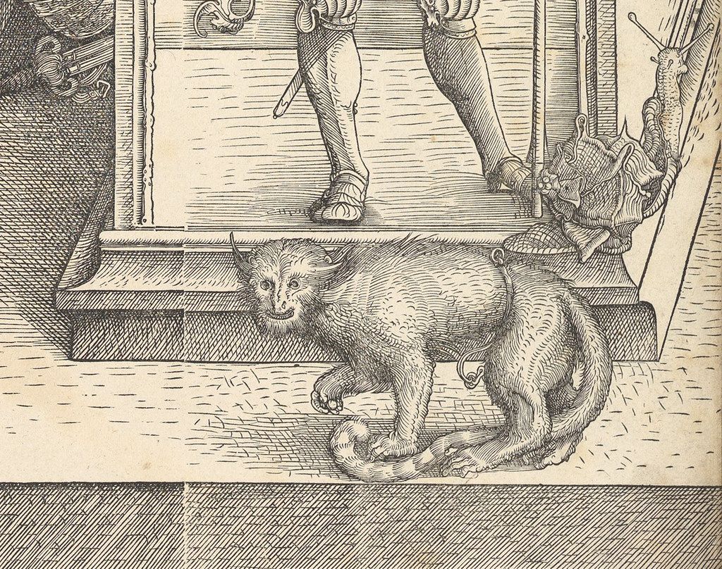 A detailed black and white engraving depicting a dog and two cats with human legs in the background.