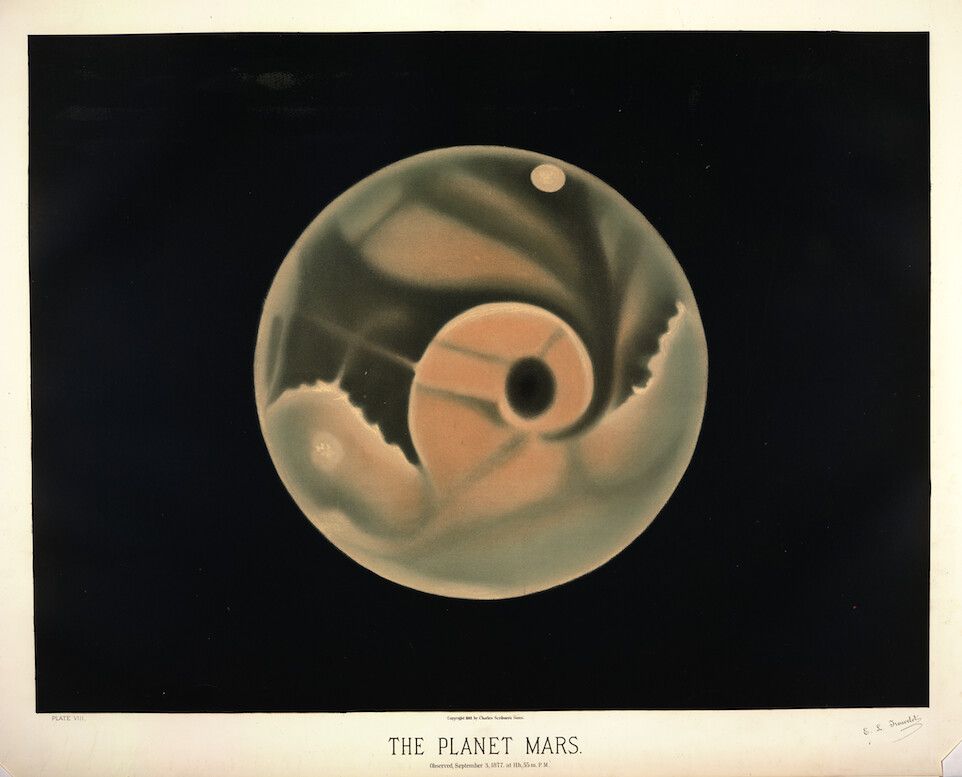 Vintage illustration of the planet Mars, showing its surface features, polar ice cap, and atmospheric details.