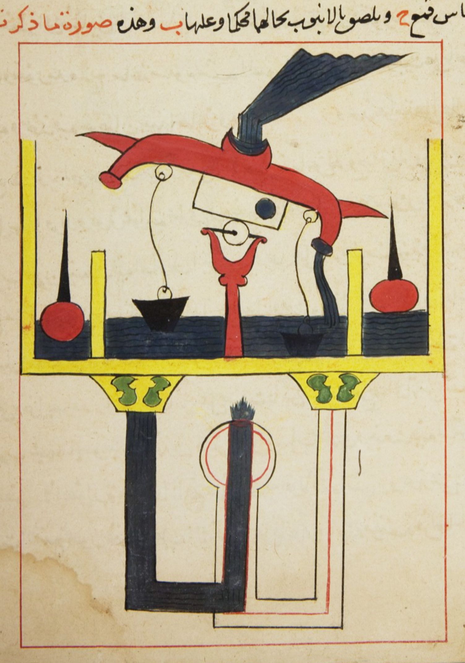 A detailed illustration from a manuscript, featuring a complex diagram with geometric shapes and symbolic representations in red, black, yellow, and white.
