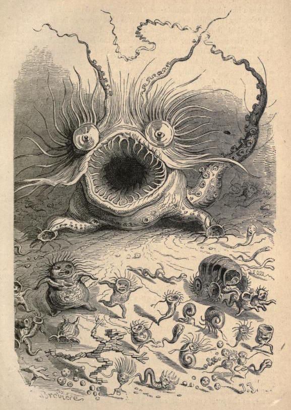 Vintage engraving of a monstrous face looming over a crowd of demons and a carriage.