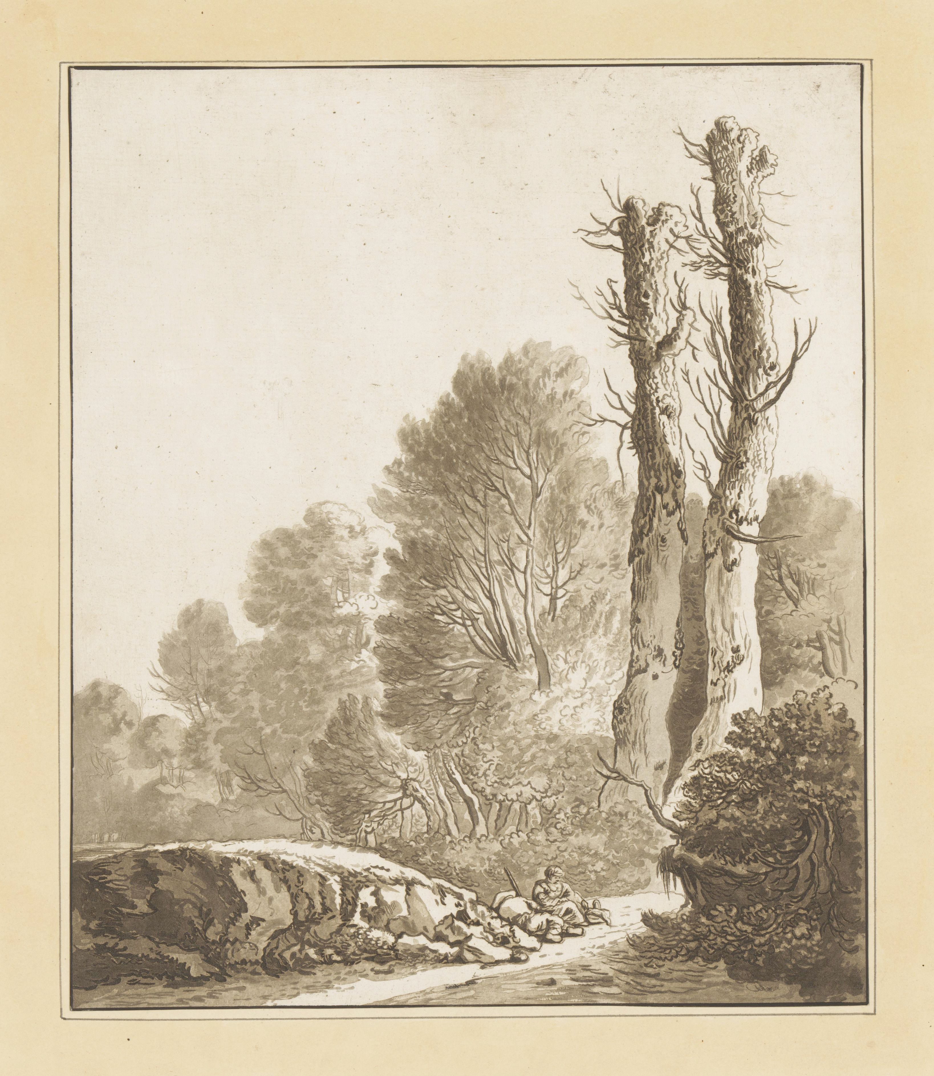 Sepia-toned drawing of a landscape with two tall bare trees, a winding path, and a wooded area.