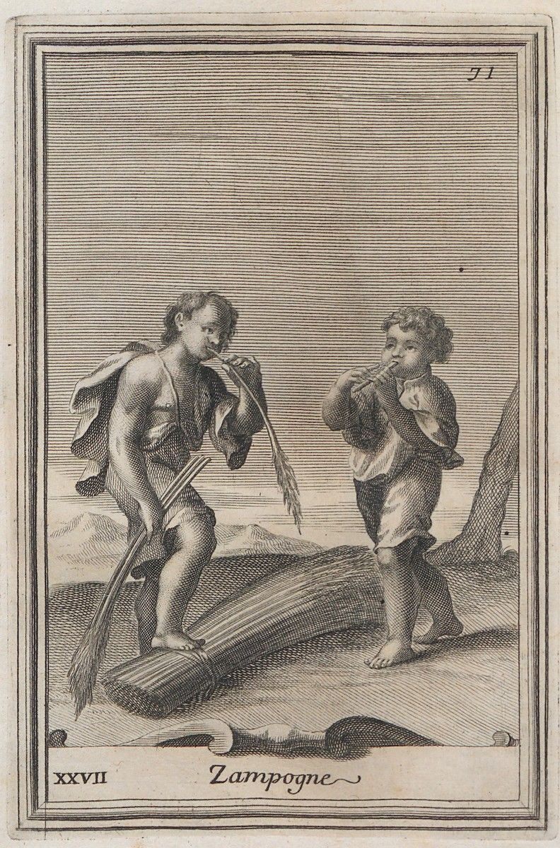 A black and white engraving of two young boys playing musical instruments in a classical style.