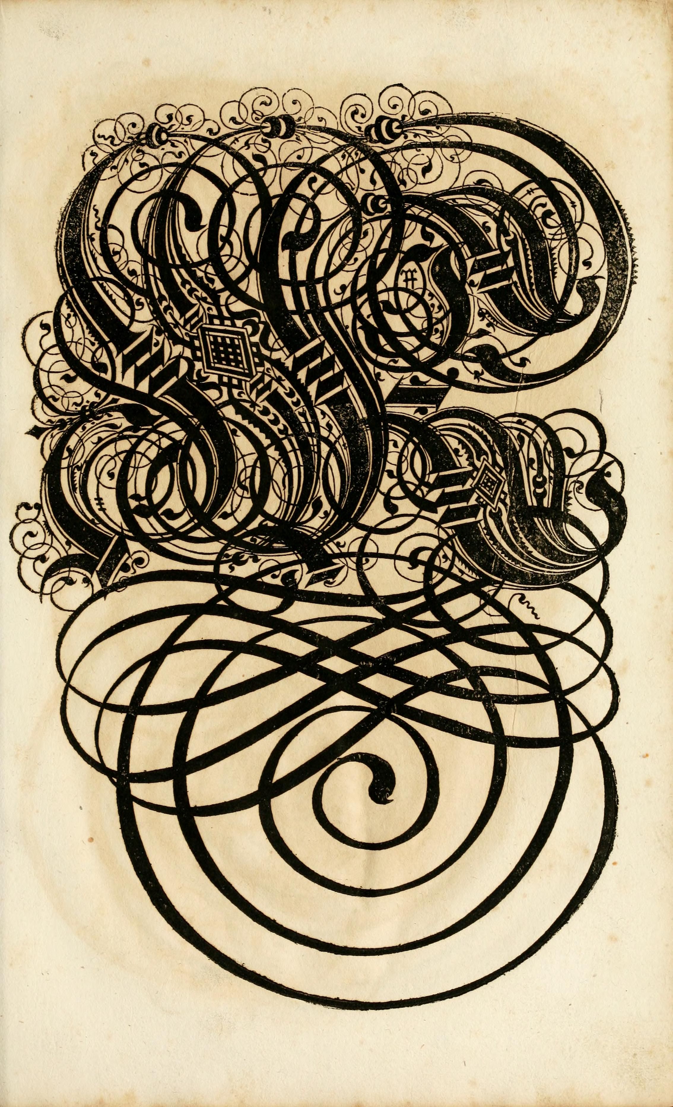 A detailed black and white drawing of an ornate letter 'Q' with swirling lines and concentric circles on aged paper.