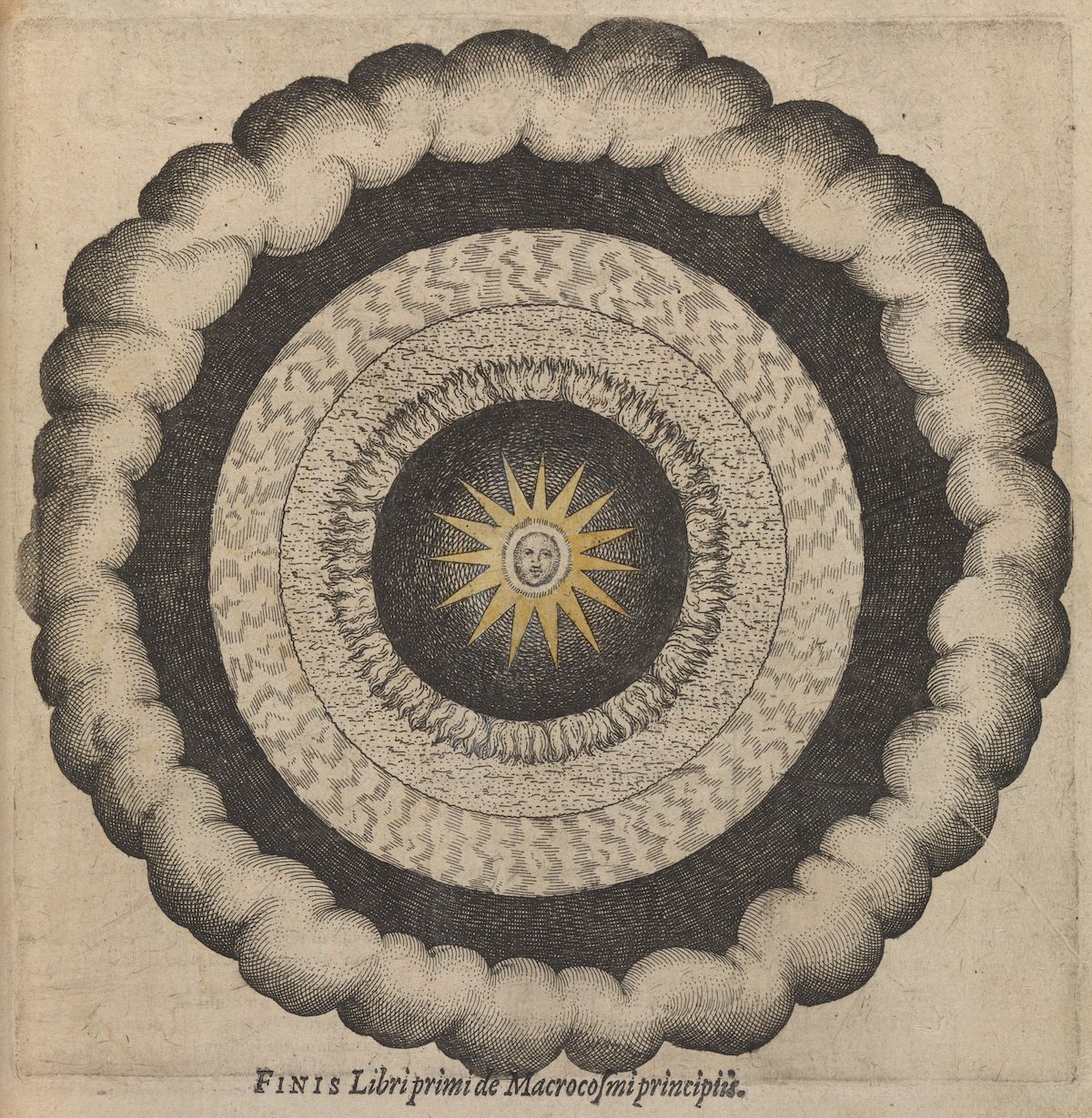 Antique engraving of a cosmological diagram with a sun at the center and concentric circles surrounding it, with Latin text below.