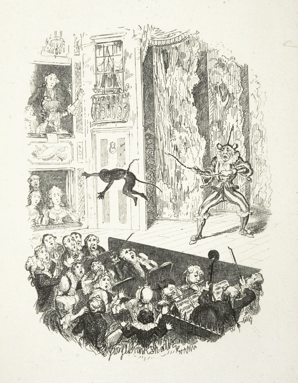 A black and white illustration of a chaotic scene in a theater. A monkey is leaping through the air on the stage, seemingly escaping from a performer. The audience is in a state of uproar, with people leaning forward, gesturing, and looking shocked or amused.