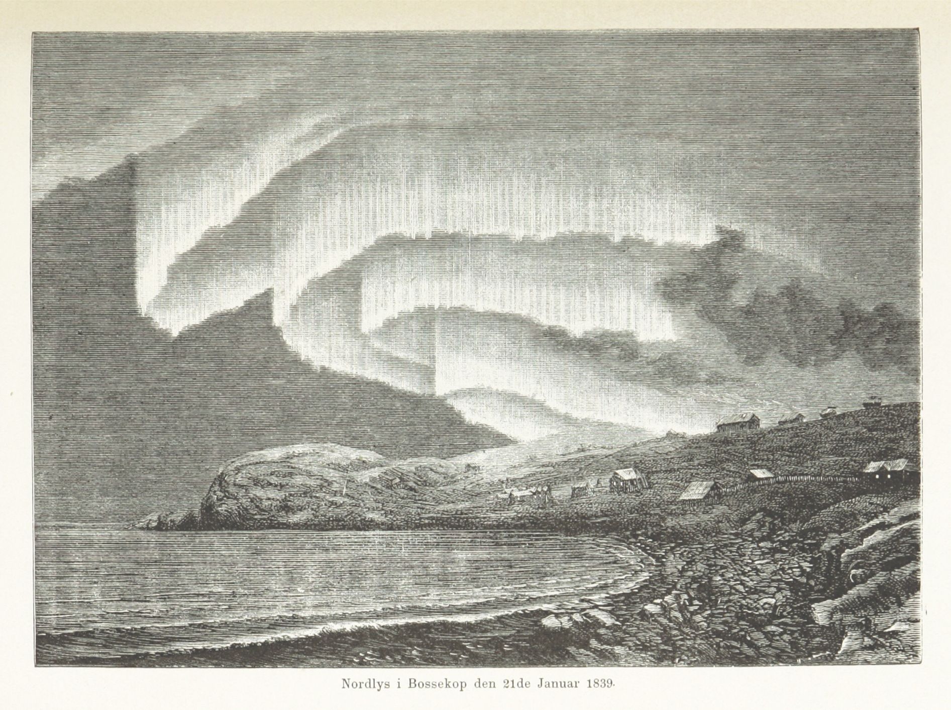 A vintage black and white engraving of the aurora borealis over a coastal landscape in Bossekop, Norway, on January 21, 1839.